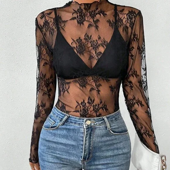 Black Sexy Women's Floral Lace Collar Long Sleeve Sheer Blouse - Picture 6 of 6